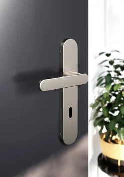 Ensemble poignée sur plaque rond serrure GoodHome Minzh effet nickel satin gris L.120mm x l.42mm entraxe 165-195mm