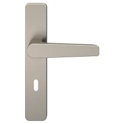 Ensemble poignée sur plaque rectangulaire serrure GoodHome Kerver effet nickel satin gris L.128mm x l.42mm entraxe 165-195mm