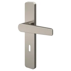 Ensemble poignée sur plaque rectangulaire serrure GoodHome Kerver effet nickel satin gris L.128mm x l.42mm entraxe 165-195mm