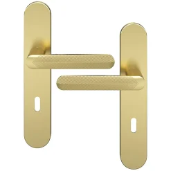Ensemble poignée sur plaque rond serrure GoodHome Garlan effet laiton satin doré L.125mm x l.42mm entraxe 165-195mm