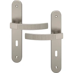 Ensemble poignée sur plaque rond serrure GoodHome Diss effet nickel satin gris L.139mm x l.40mm entraxe 195mm