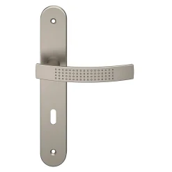 Ensemble poignée sur plaque rond serrure GoodHome Diss effet nickel satin gris L.139mm x l.40mm entraxe 195mm