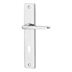 Ensemble poignée sur plaque rectangulaire serrure Colan effet chromé brillant gris L.106mm x l.39.8mm entraxe 195mm
