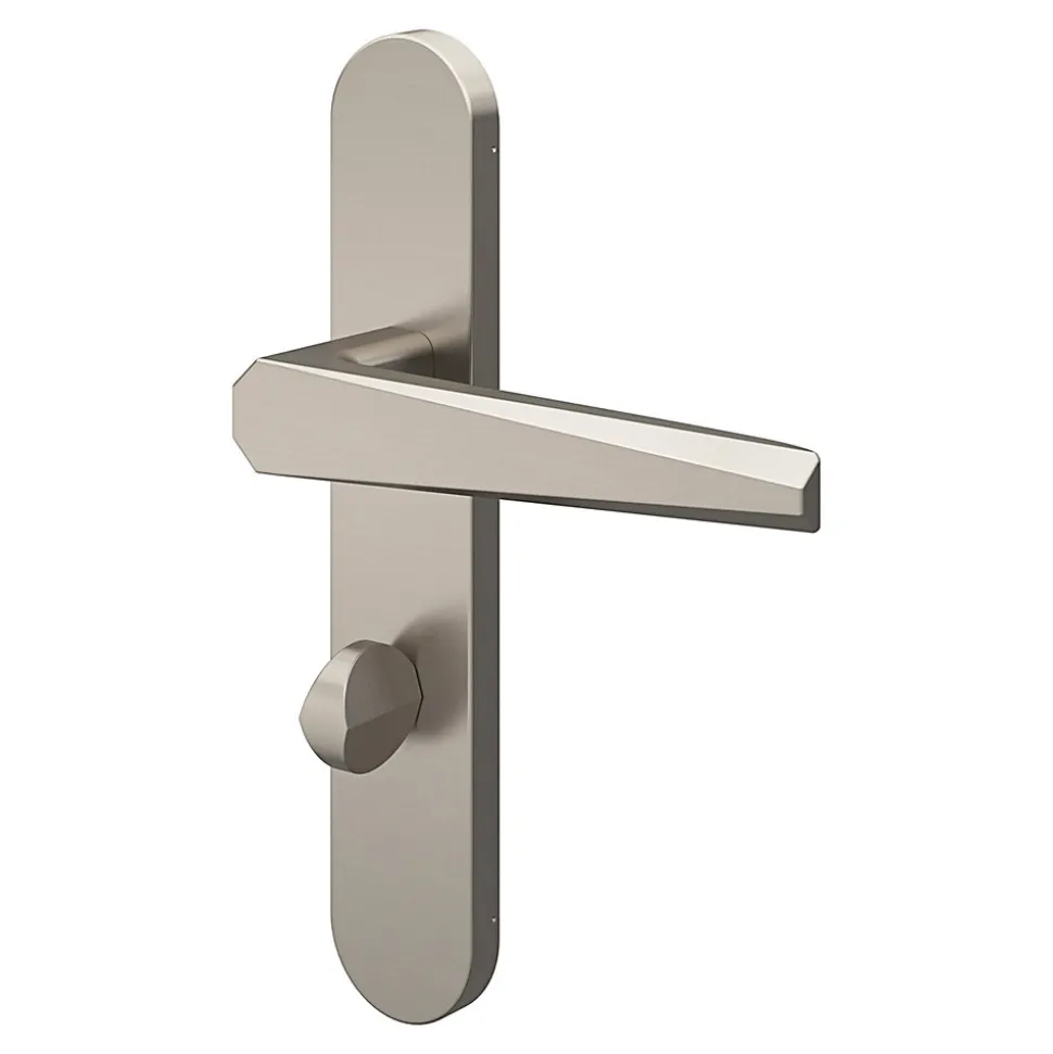 Ensemble poignée sur plaque rond à condamnation GoodHome Keri effet nickel satin gris L.140mm x l.42mm entraxe 165-195mm