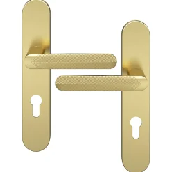 Ensemble poignée sur plaque rondcylindre GoodHome Garlan effet laiton satin doré L.125mm x l.42mm entraxe 165-195mm