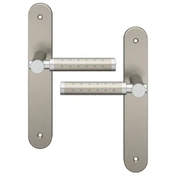 Ensemble poignée sur plaque rond GoodHome Brigg effet chrome et nickel satin gris L.132mm x l.40mm entraxe 195mm