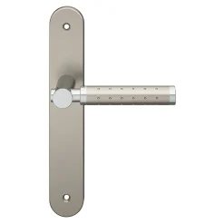 Ensemble poignée sur plaque rond GoodHome Brigg effet chrome et nickel satin gris L.132mm x l.40mm entraxe 195mm