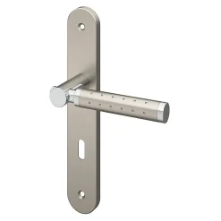 Ensemble poignée sur plaque rond serrure GoodHome Brigg effet chrome et nickel satin gris L.132mm x l.40mm entraxe 195mm