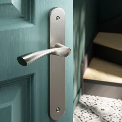 Ensemble poignée sur plaque rond GoodHome Breage effet nickel satin gris L.120.5mm x l.40mm entraxe 195mm