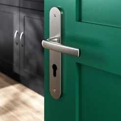 Ensemble poignée sur plaque Incurvé cylindre GoodHome Primel effet nickel satin gris L.126mm x l.40mm entraxe 195mm