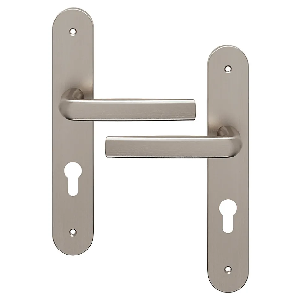 Ensemble poignée sur plaque Incurvé cylindre GoodHome Primel effet nickel satin gris L.126mm x l.40mm entraxe 195mm
