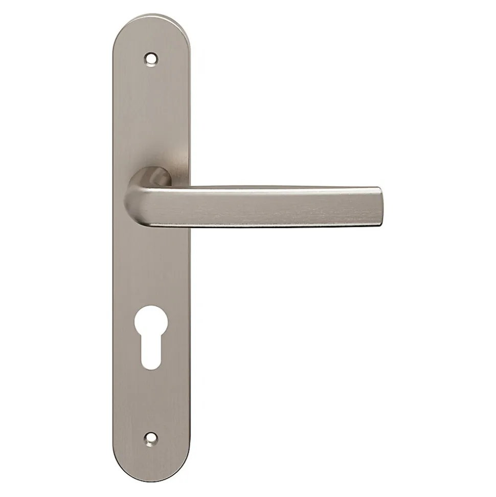 Ensemble poignée sur plaque Incurvé cylindre GoodHome Primel effet nickel satin gris L.126mm x l.40mm entraxe 195mm