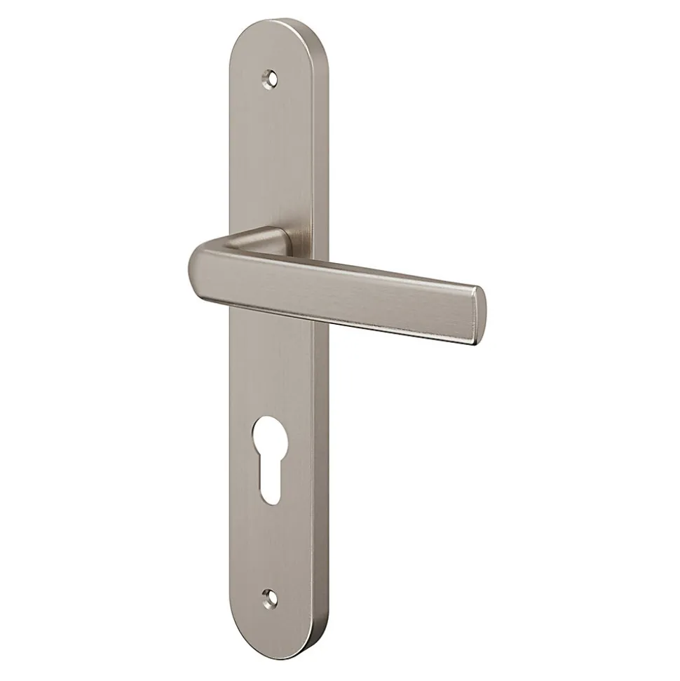 Ensemble poignée sur plaque Incurvé cylindre GoodHome Primel effet nickel satin gris L.126mm x l.40mm entraxe 195mm