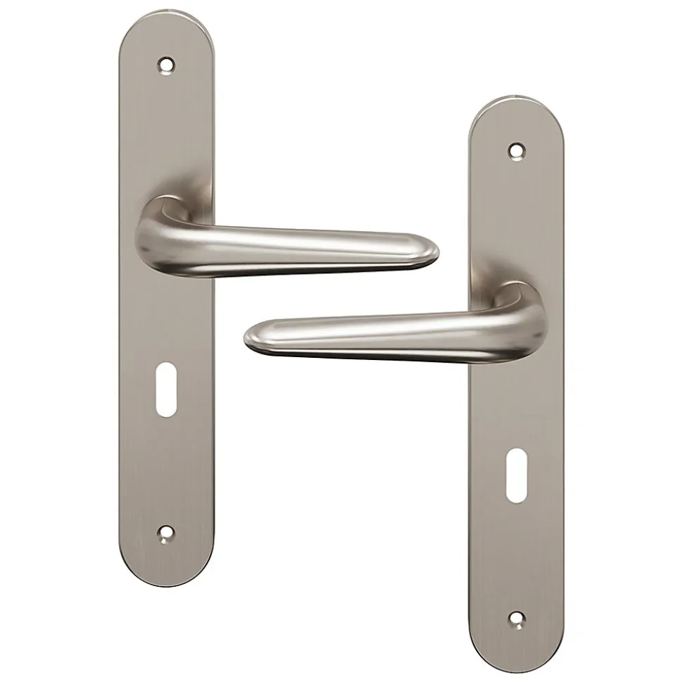 Ensemble poignée sur plaque Droit serrure GoodHome Mehaban effet nickel satin gris L.120mm x l.40mm entraxe 195mm