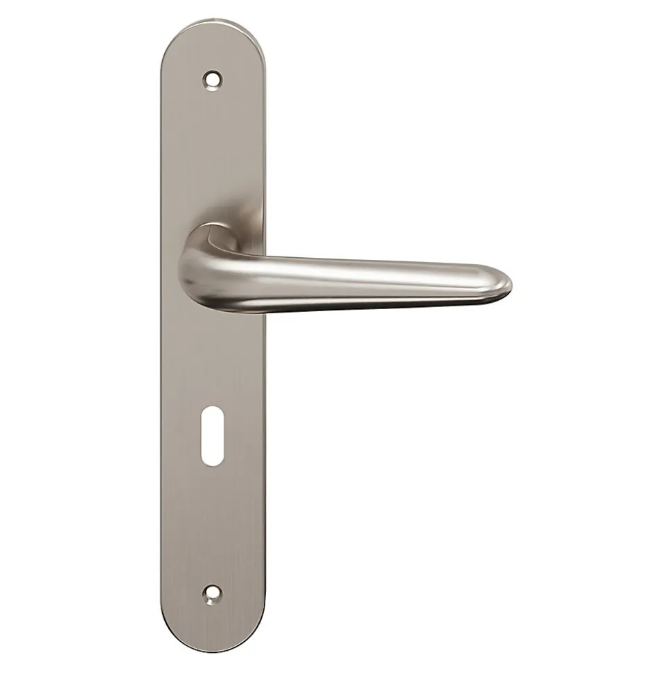 Ensemble poignée sur plaque Droit serrure GoodHome Mehaban effet nickel satin gris L.120mm x l.40mm entraxe 195mm