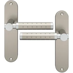 Ensemble poignée sur plaque rond GoodHome Brigg effet chrome et nickel satin gris L.132mm x l.40mm entraxe 165mm