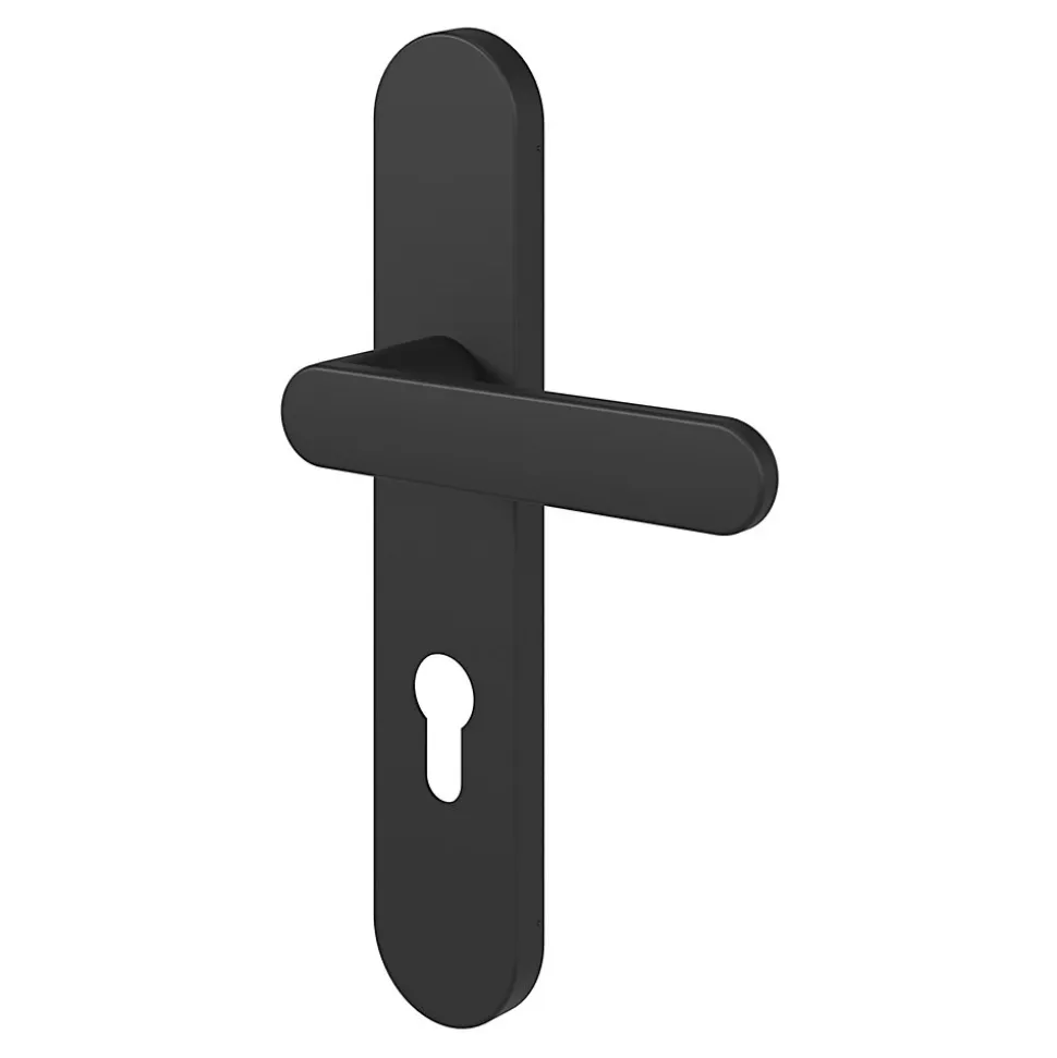 Ensemble poignée sur plaque rondcylindre GoodHome Minzh effet nickel mat noir L.120mm x l.42mm entraxe 165-195mm