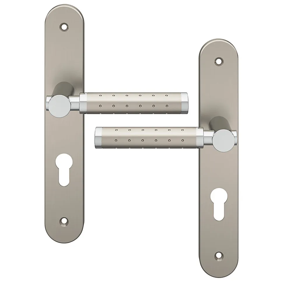 Ensemble poignée sur plaque rondcylindre GoodHome Brigg effet chrome et nickel satin gris L.132mm x l.40mm entraxe 195mm