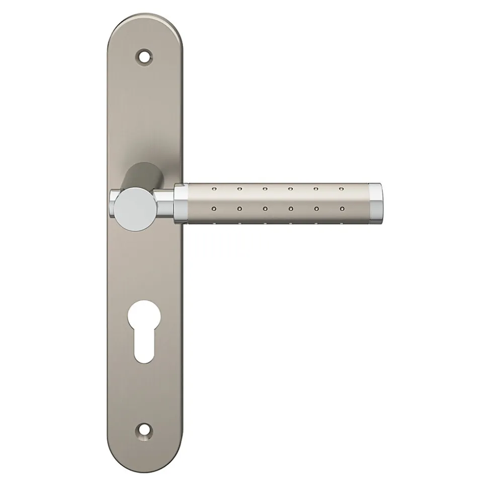 Ensemble poignée sur plaque rondcylindre GoodHome Brigg effet chrome et nickel satin gris L.132mm x l.40mm entraxe 195mm
