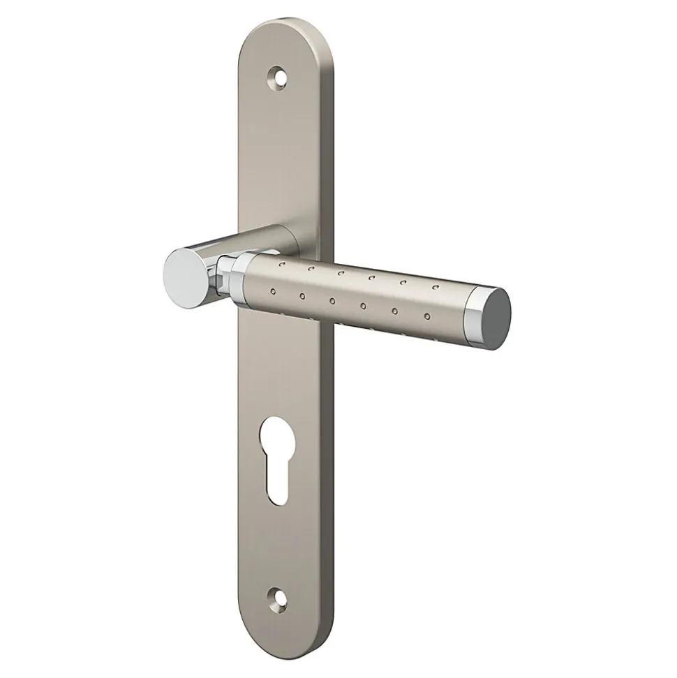 Ensemble poignée sur plaque rondcylindre GoodHome Brigg effet chrome et nickel satin gris L.132mm x l.40mm entraxe 195mm