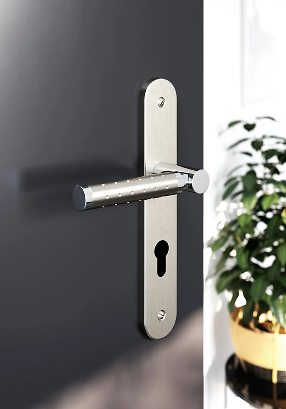 Ensemble poignée sur plaque rondcylindre GoodHome Brigg effet chrome et nickel satin gris L.132mm x l.40mm entraxe 195mm