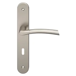 Ensemble poignée sur plaque rond serrure GoodHome Hirel effet nickel satin gris L.128mm x l.40mm entraxe 195mm