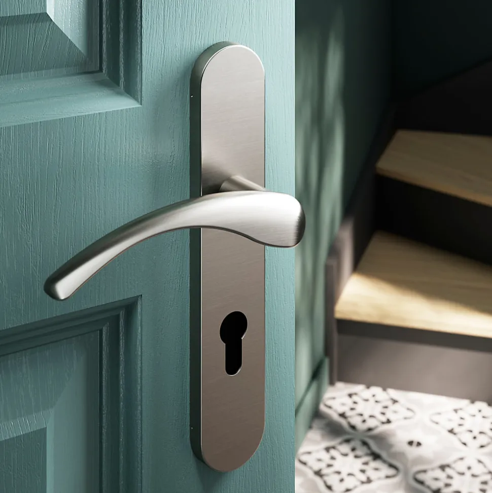 Ensemble poignée sur plaque rondcylindre GoodHome Ruis effet nickel satin gris L.138.5mm x l.42mm entraxe 165-195mm
