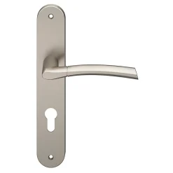 Ensemble poignée sur plaque extérieur rond cylindre GoodHome Hirel effet nickel satin gris chromé L.128mm x l.40mm entraxe 195mm