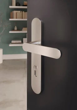 Ensemble poignée sur plaque rond GoodHome Minzh effet nickel satin gris L.120mm x l.40mm entraxe 195mm