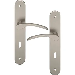 Ensemble poignée sur plaque rond serrure GoodHome Beare effet nickel satin gris L.110.5mm x l.40mm entraxe 195mm