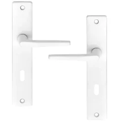 Ensemble poignée sur plaque rectangulaire serrure Colan satin blanc L.106mm x l.39.8mm entraxe 195mm