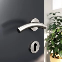 Ensemble poignée sur rosace rond à visser GoodHome Lagow acier inoxydable effet ino x satin gris Ø53mm