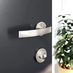 Ensemble poignée sur rosace rond à visser GoodHome Diss effet nickel satin gris Ø50mm