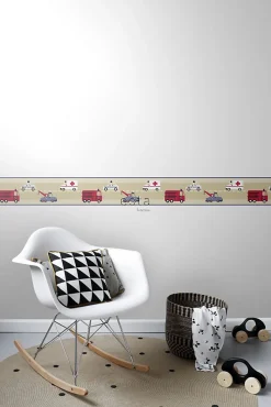 ESTAhome frise papier peint camions de pompiers et voitures de police beige, rouge et bleu - 500 x 17.6 cm - 177305