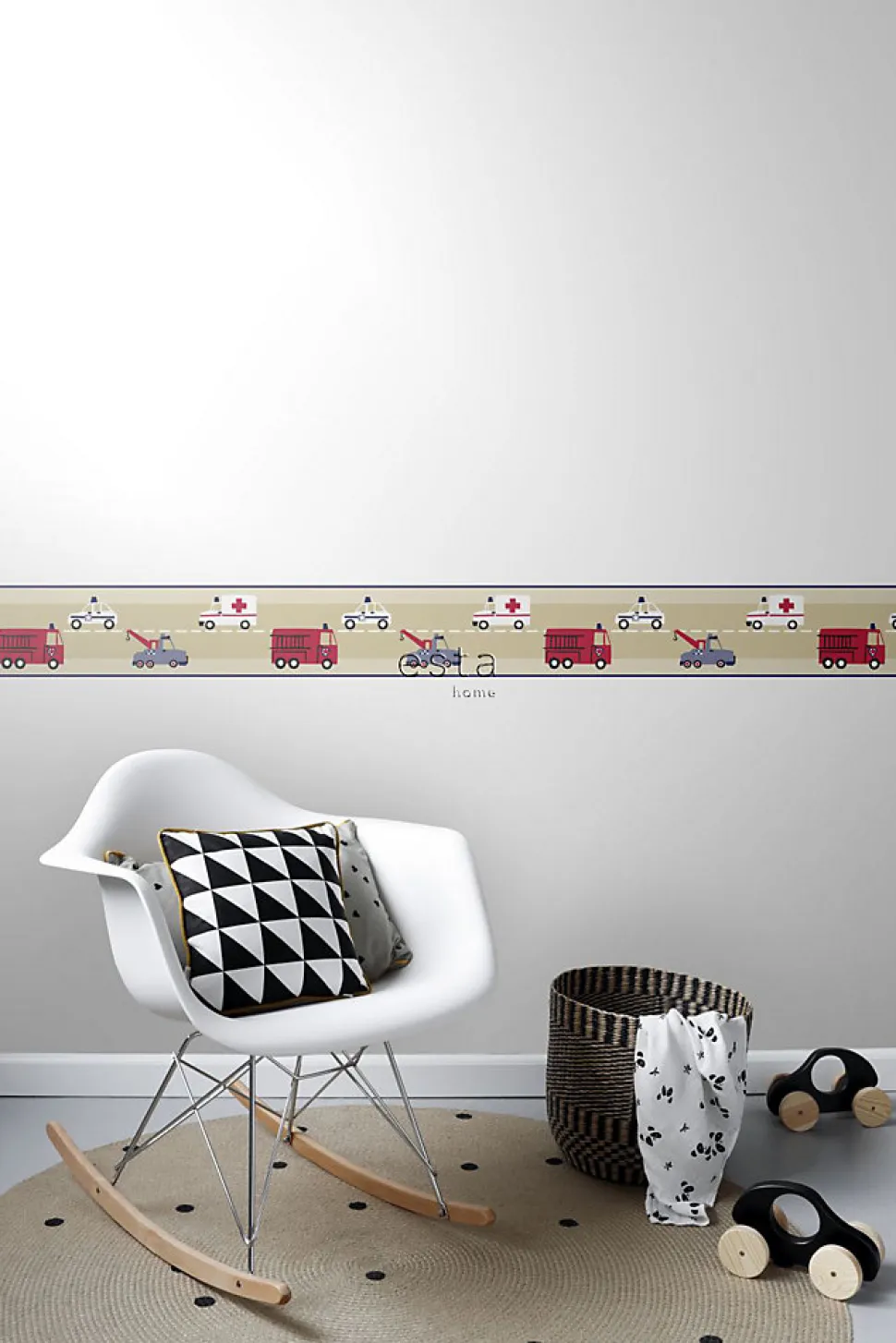 ESTAhome frise papier peint camions de pompiers et voitures de police beige, rouge et bleu - 500 x 17.6 cm - 177305