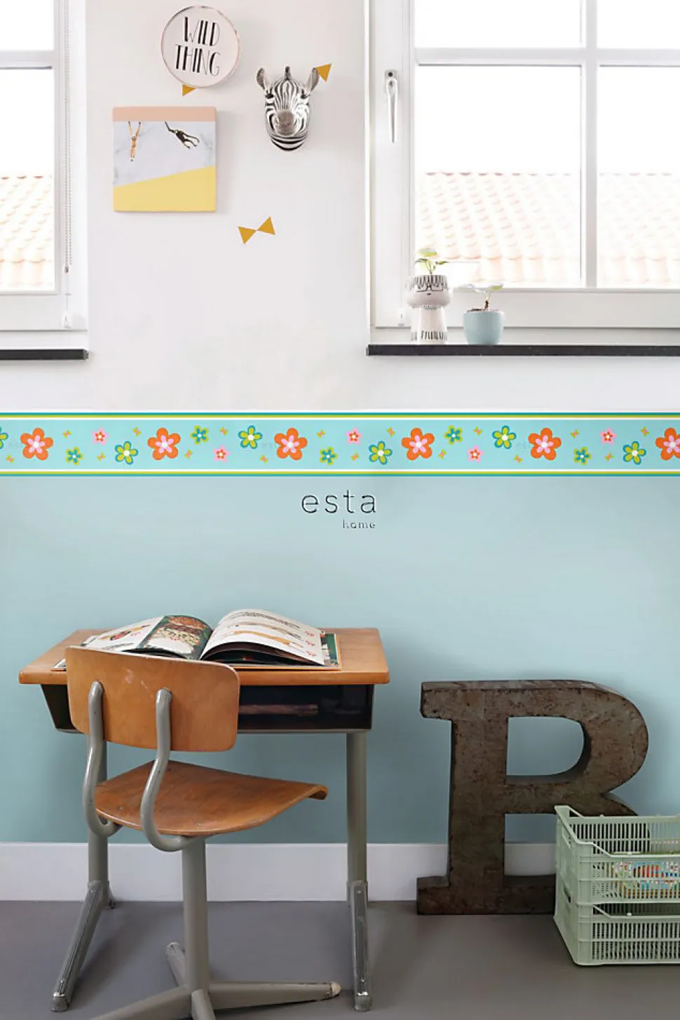 ESTAhome frise papier peint fleurs turquoise et orange - 500 x 13.25 cm - 174609