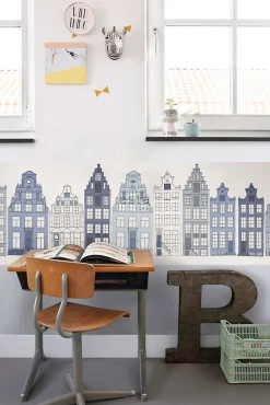 ESTAhome frise papier peint intissé XXL maisons bordant les canaux d'Amsterdam bleu - 430 x 50 cm - 157713