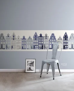 ESTAhome frise papier peint intissé XXL maisons bordant les canaux d'Amsterdam bleu - 430 x 50 cm - 157713