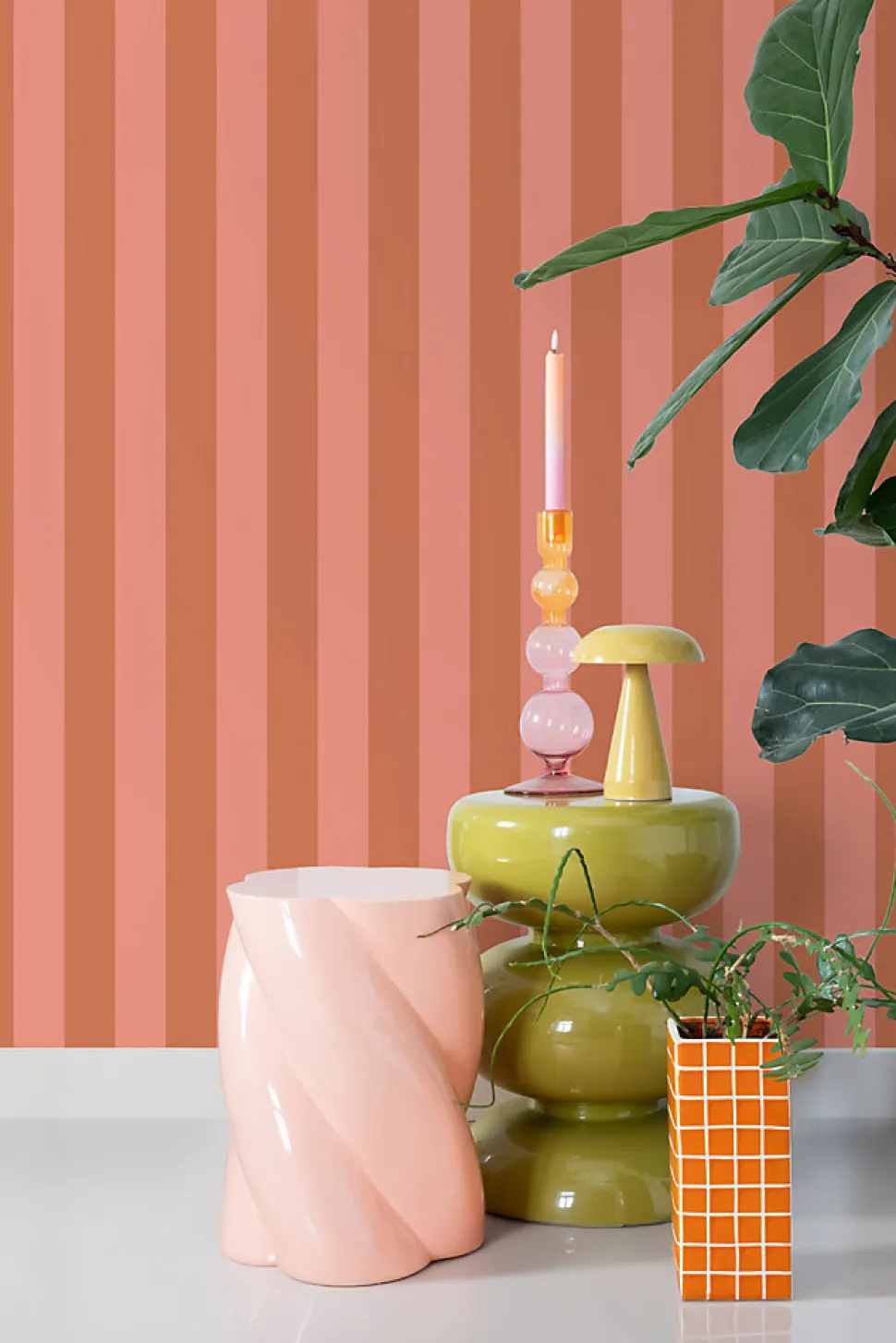 ESTAhome papier peint à rayures terracotta et rose pêche - 53 cm x 10.05 m - 139905
