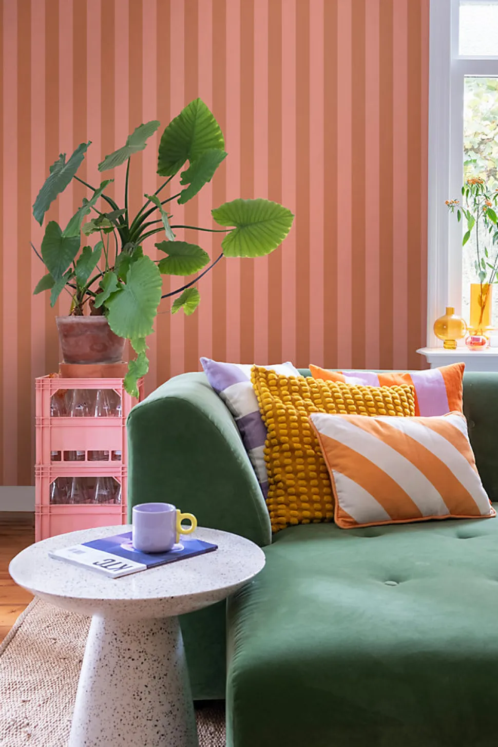 ESTAhome papier peint à rayures terracotta et rose pêche - 53 cm x 10.05 m - 139905