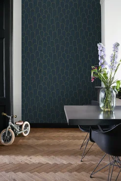 ESTAhome papier peint art déco bleu foncé et or - 50 x 900 cm - 139657