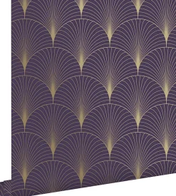 ESTAhome papier peint art déco violet foncé et or - 53 cm x 10.05 m - 139577