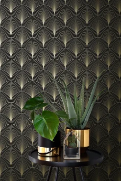 ESTAhome papier peint art déco noir et or - 53 cm x 10.05 m - 139457