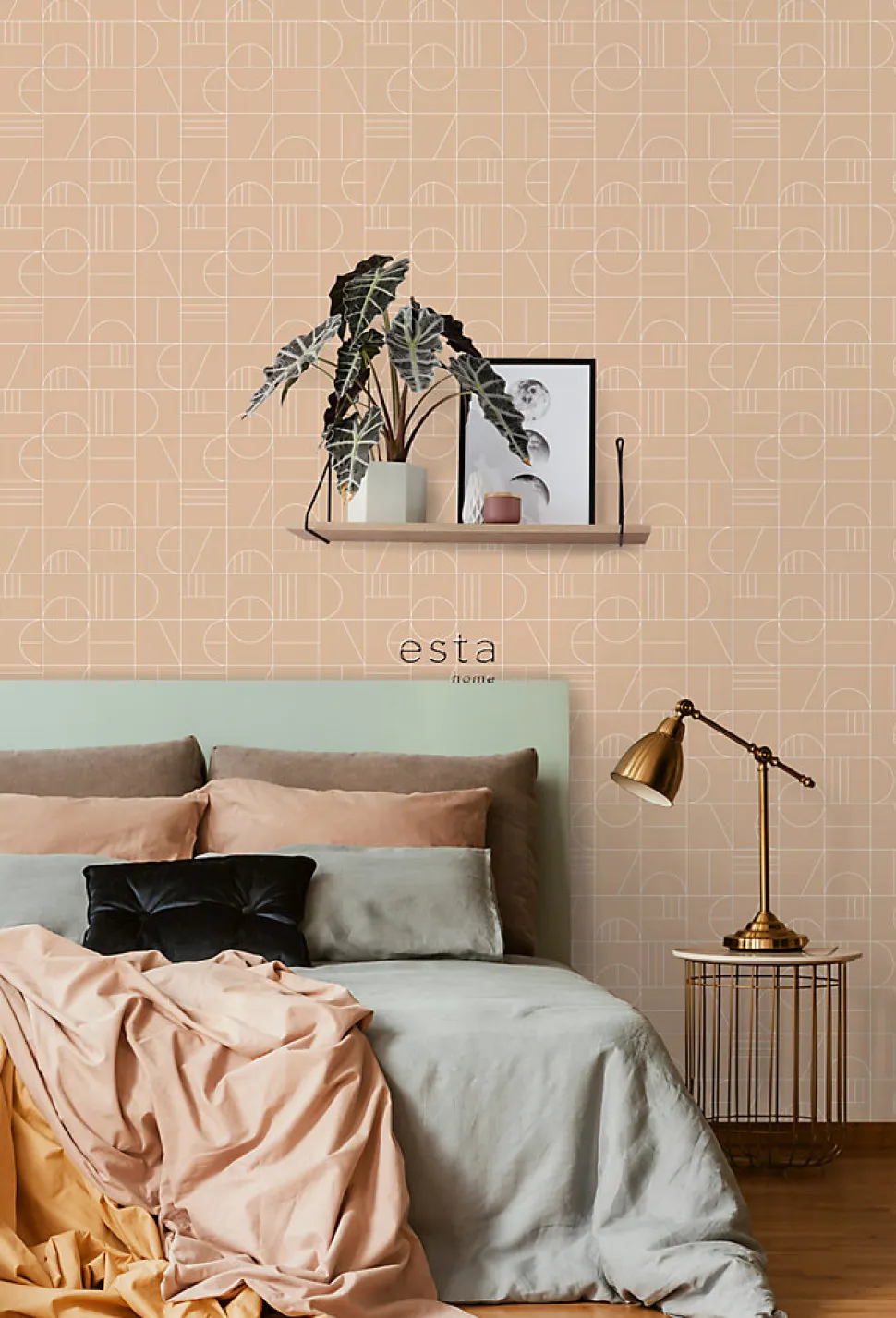 ESTAhome papier peint art déco rose pêche et blanc - 53 cm x 10.05 m - 139208