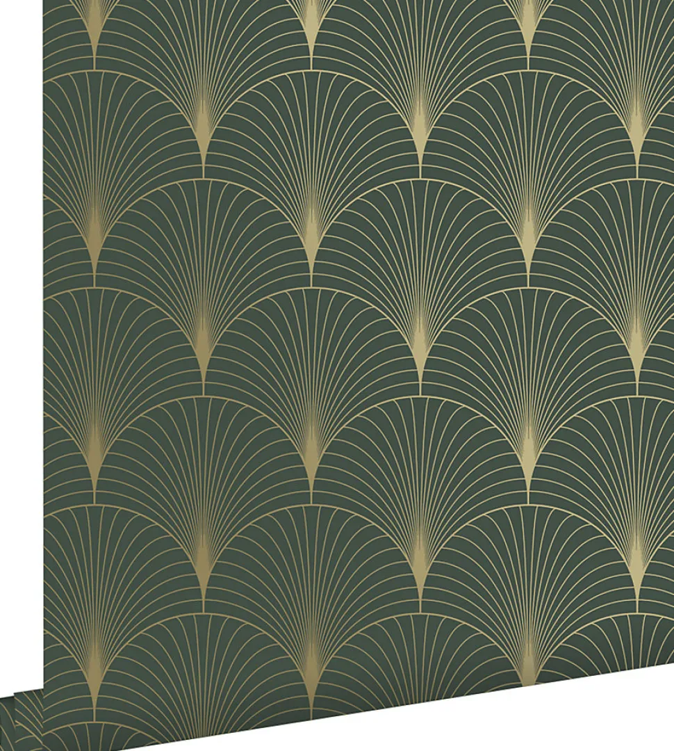 ESTAhome papier peint art déco vert foncé et or - 53 cm x 10.05 m - 139584