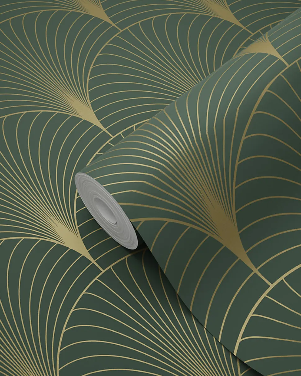ESTAhome papier peint art déco vert foncé et or - 53 cm x 10.05 m - 139584