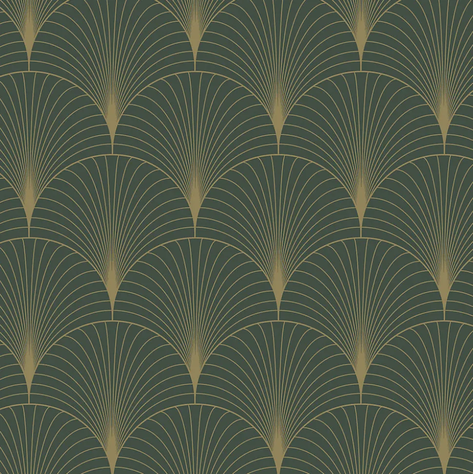 ESTAhome papier peint art déco vert foncé et or - 53 cm x 10.05 m - 139584