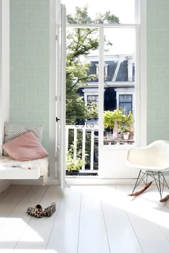 ESTAhome papier peint art déco vert menthe et blanc - 53 cm x 10.05 m - 139209