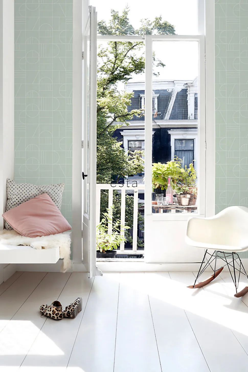 ESTAhome papier peint art déco vert menthe et blanc - 53 cm x 10.05 m - 139209