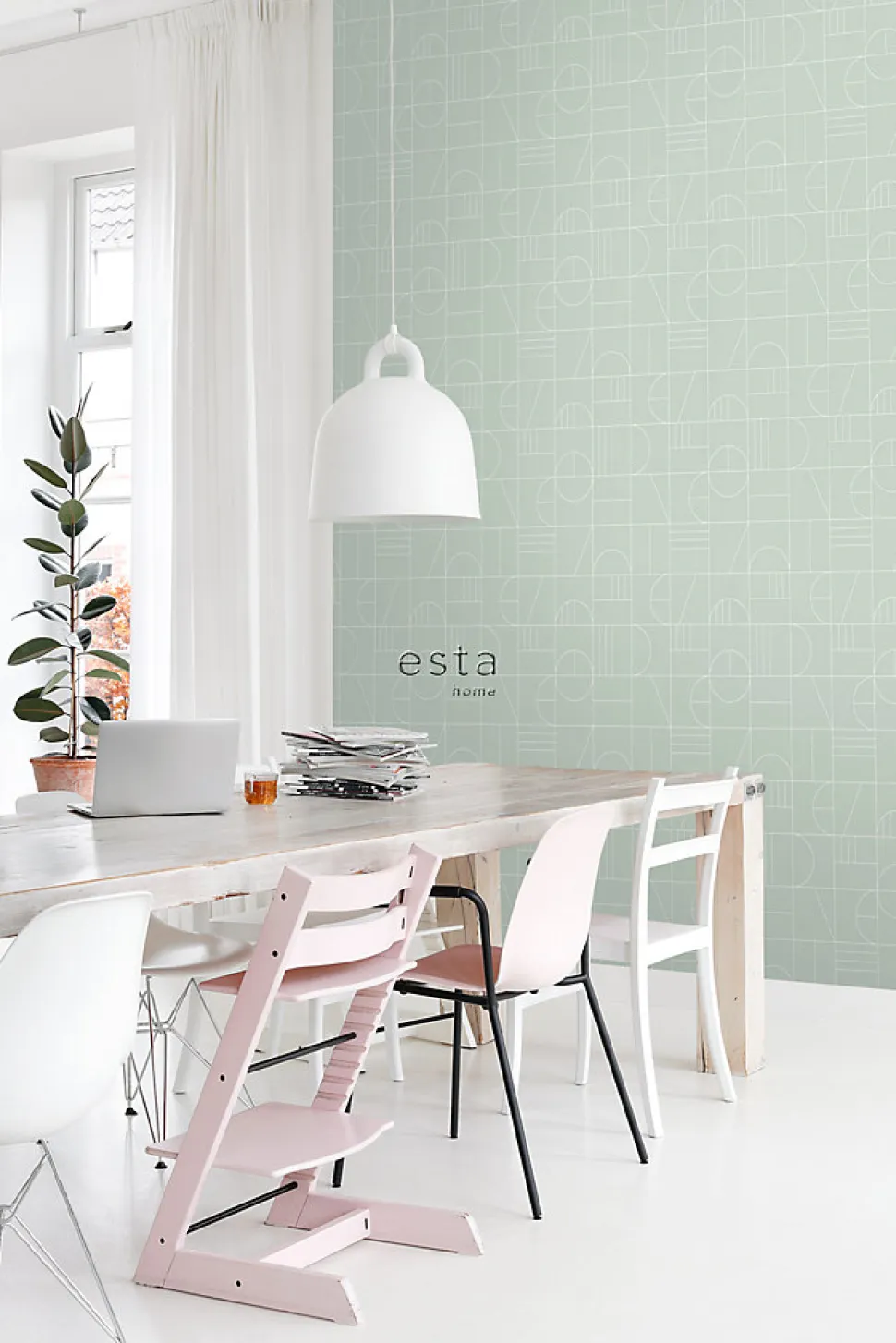 ESTAhome papier peint art déco vert menthe et blanc - 53 cm x 10.05 m - 139209